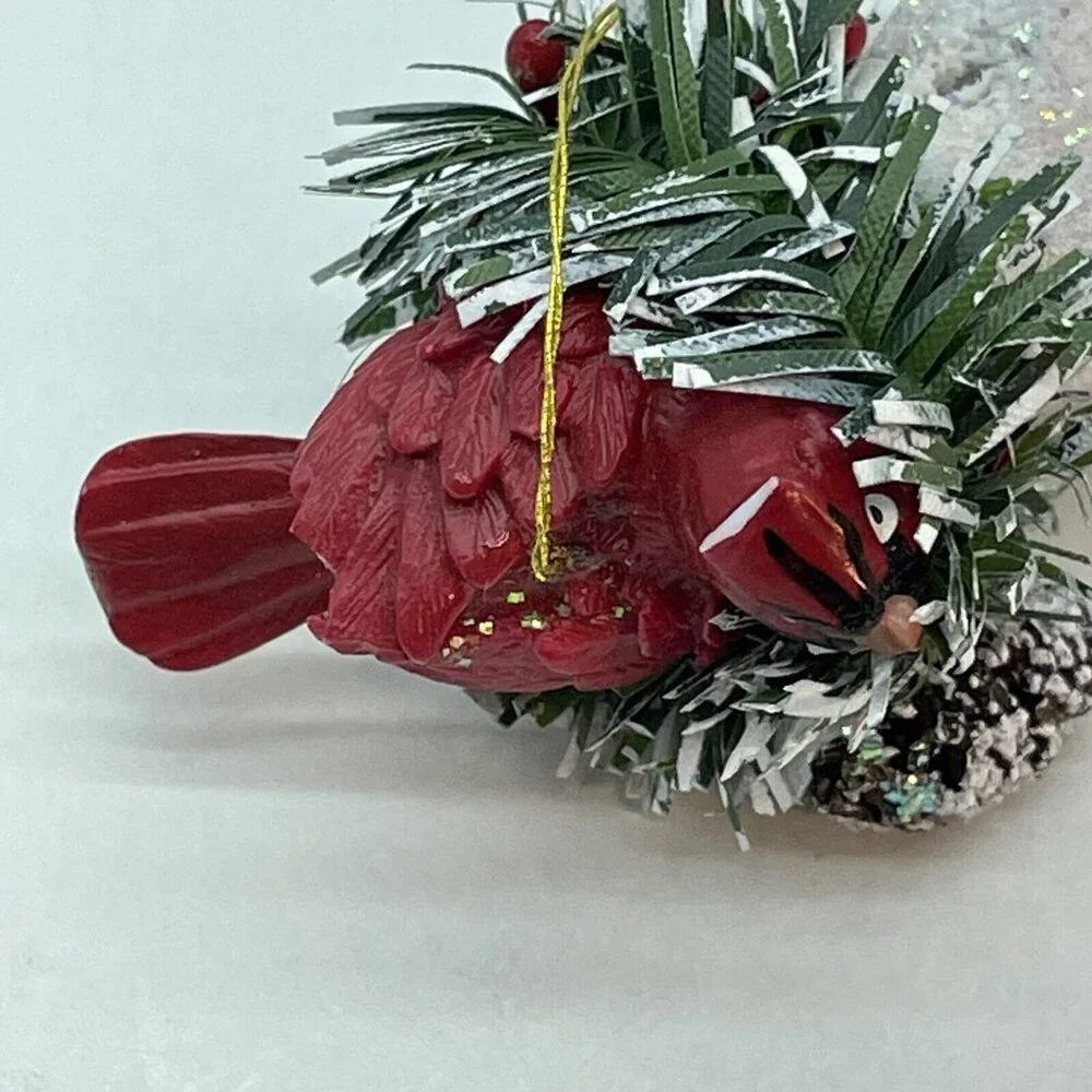 Vintage Christmas Ornament Cardinal In Pine Nest On White Glittered Icicle 6